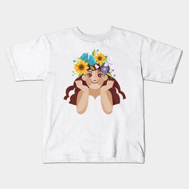 Woman With Floral Wreath Kids T-Shirt by Mako Design 